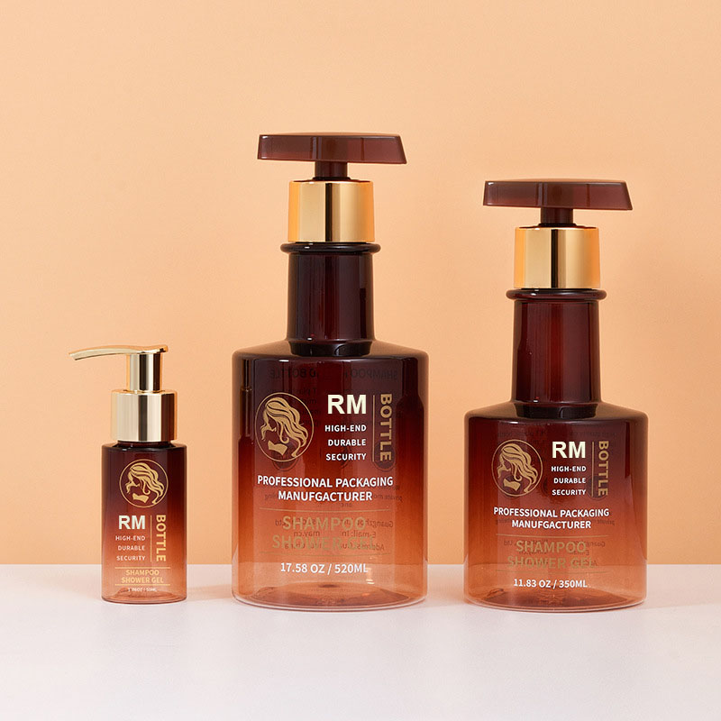 Besplatni uzorak Boca šampona s dugim vratom boje jantara, crnog zlata, prazna boca za pranje ruku, plastične boce s pumpicom za losion za tijelo 300 ml 500 ml